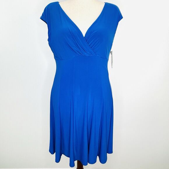 Lauren Ralph Lauren Dress Women's 16 Cobalt Midi Pleated Flare V-Neck Stretchy - Picture 1 of 8